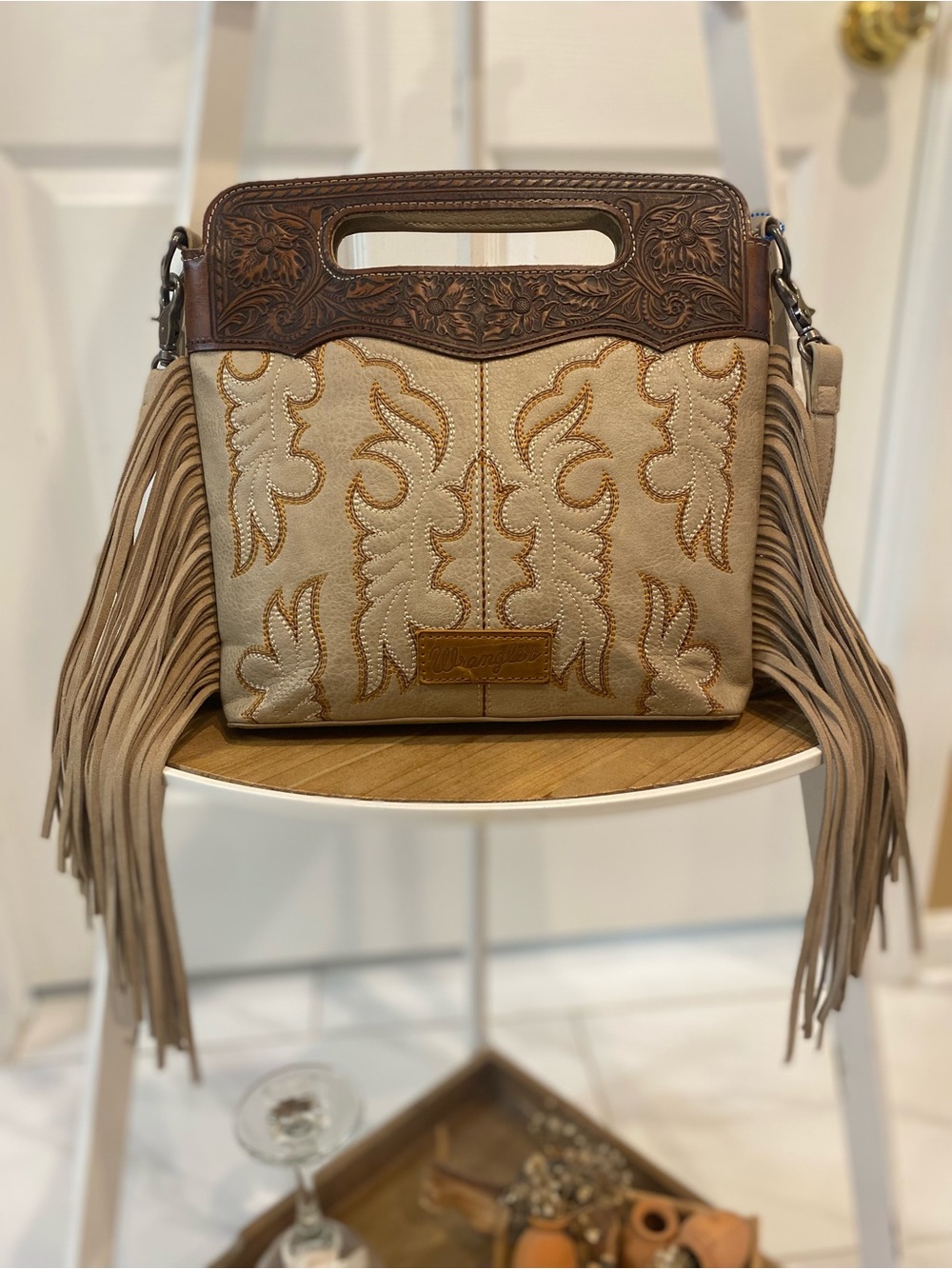 Wrangler Beige and Brown Fringe Embroidered Shoulder Bag - Picture 1 of 5